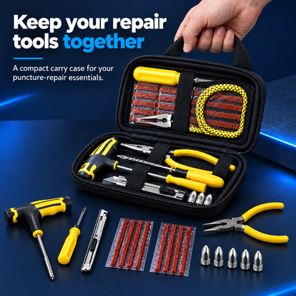 Carry case and repair tools with benefit text