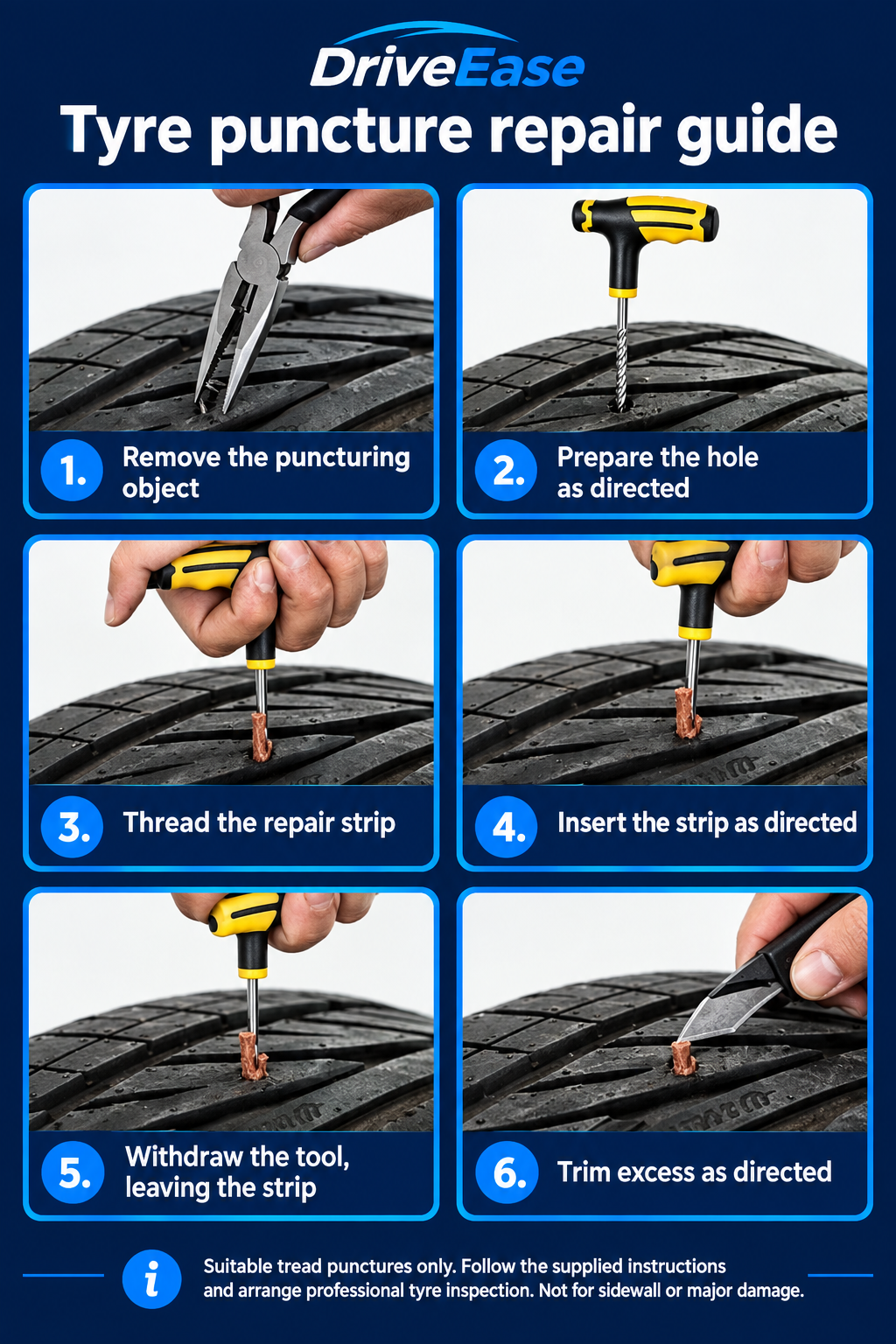 DriveEase six-step tyre puncture repair guide