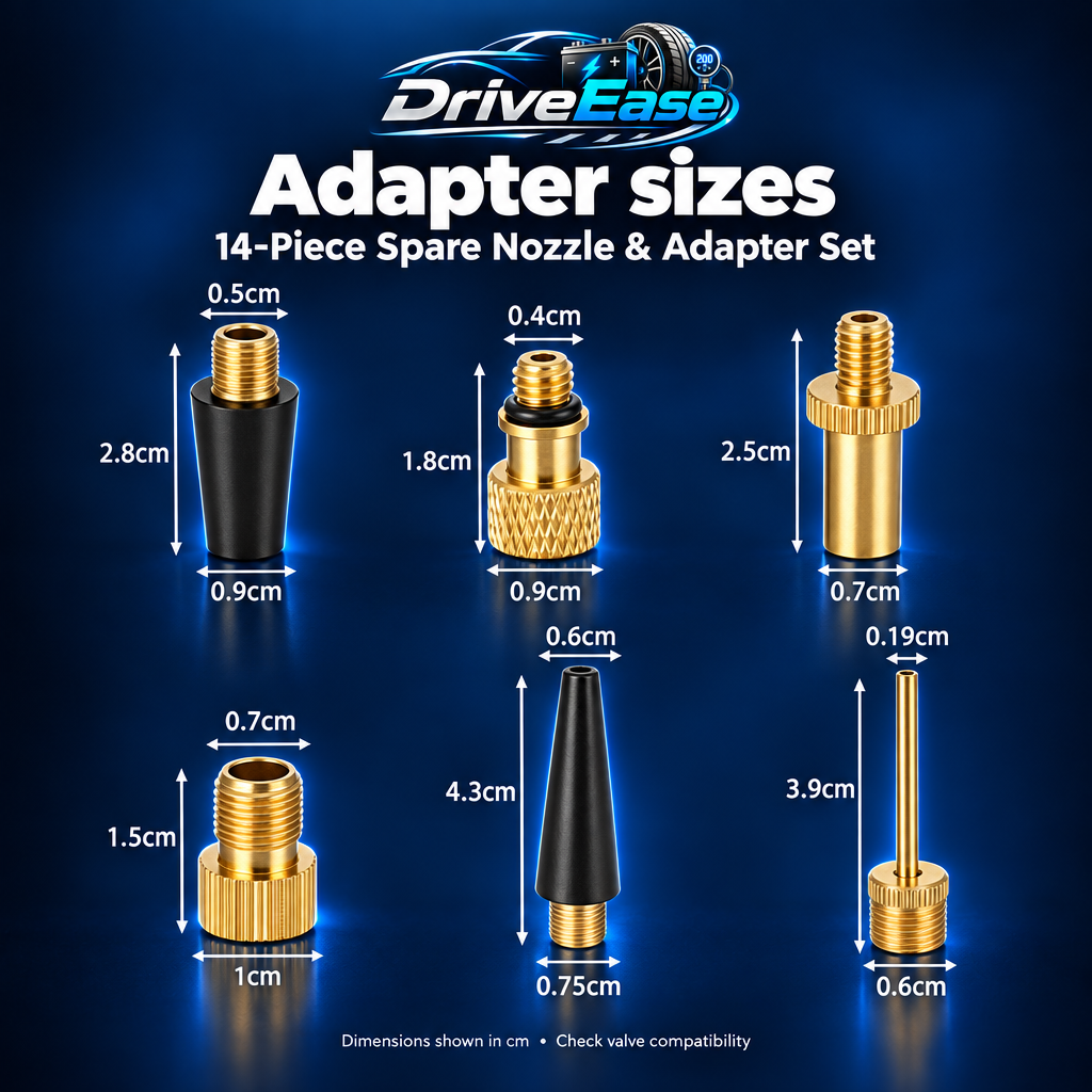DriveEase spare nozzle and adapter size chart in centimetres