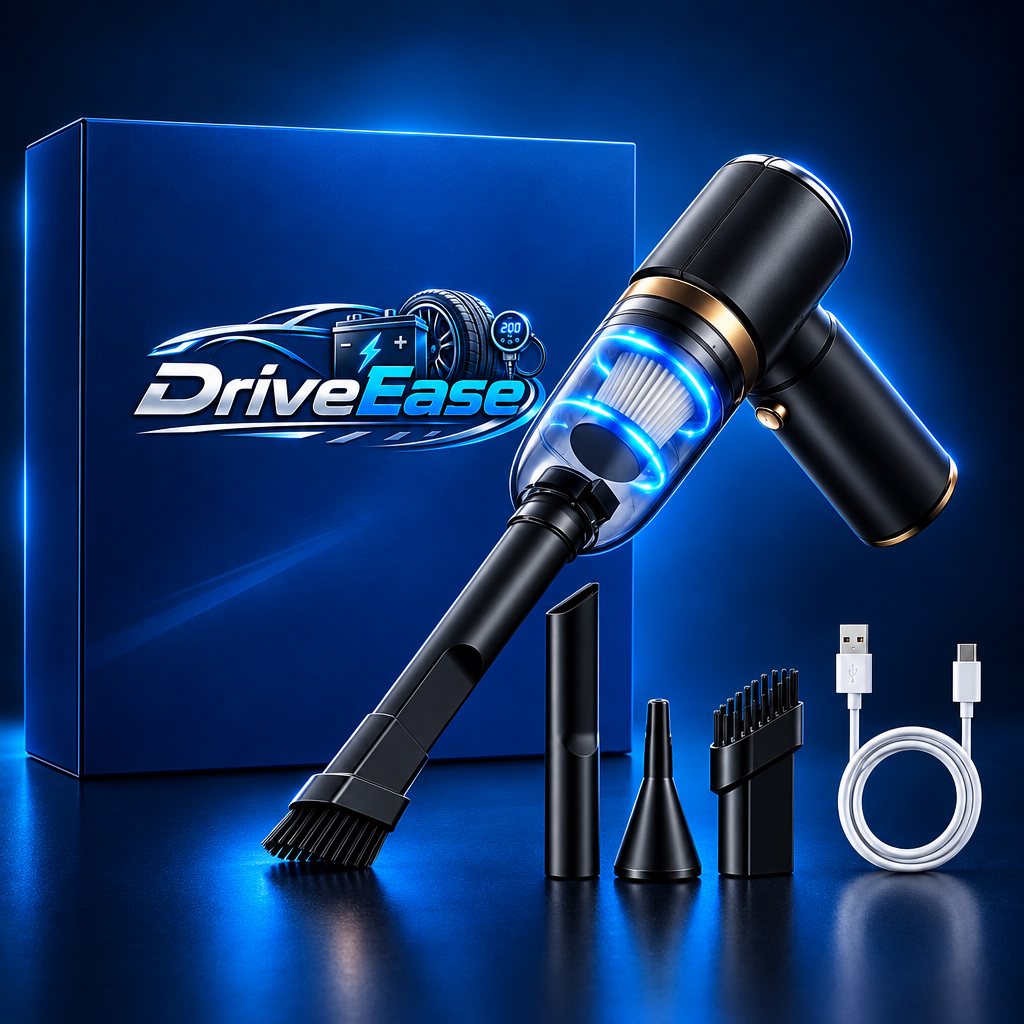 DriveEase vacuum hero shot with dark navy glow background