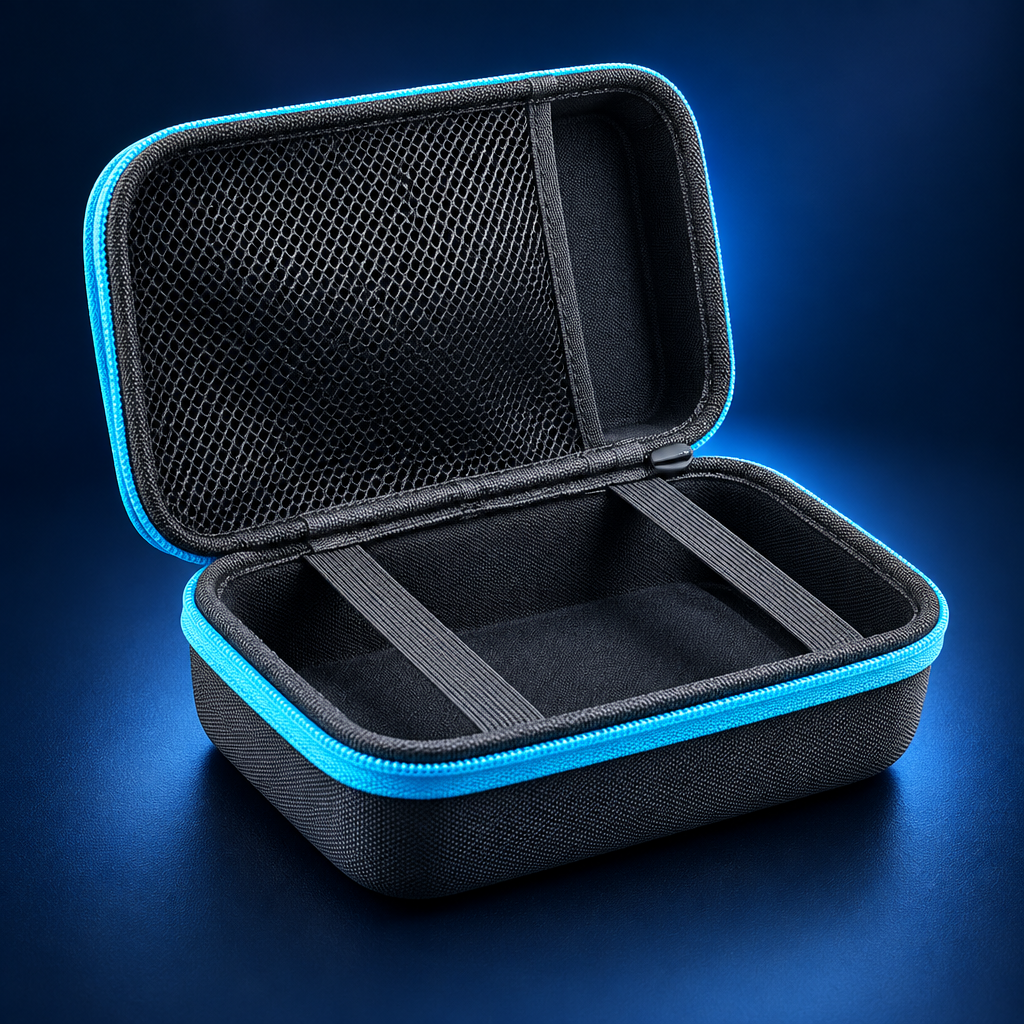 Open storage case on dark background