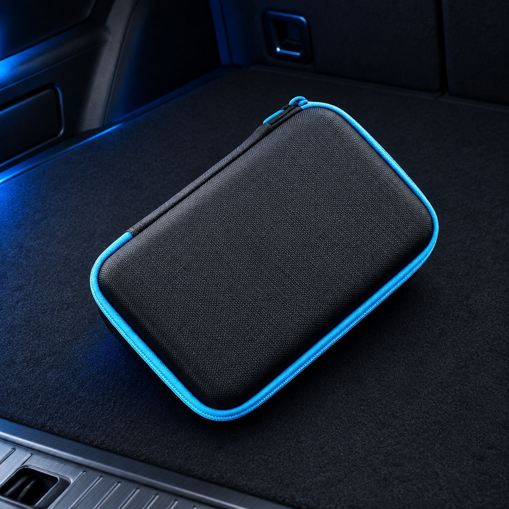 Storage case in a dark car boot